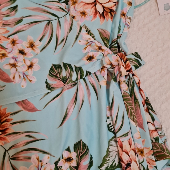 Kona Sol-Wrap-Front High Coverage One Piece Swimsuit,light blue Tropical Print - Picture 5 of 11